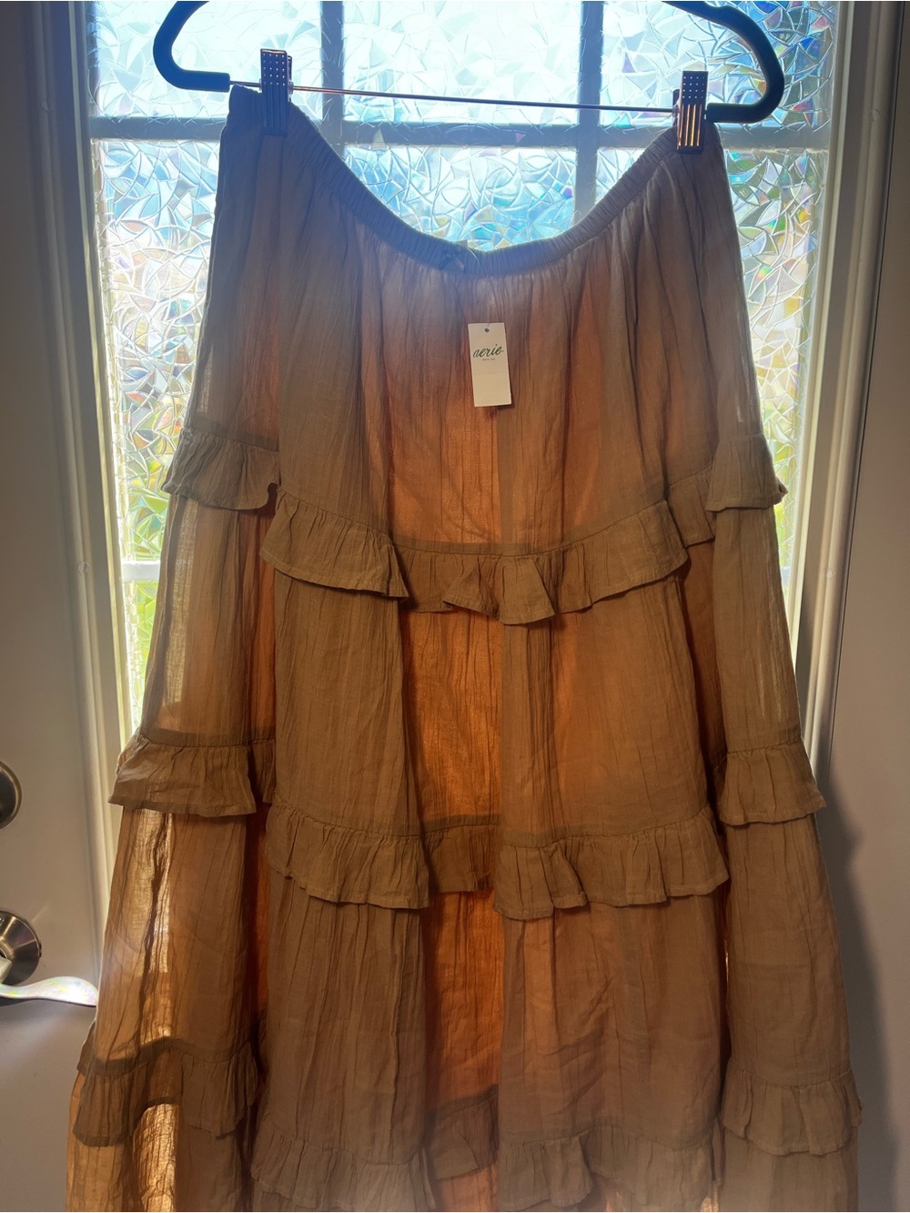 NWT Aerie Real Good Tiered Ruffle Midi Skirt XL Beige Tan 100% Cotton Boho - Picture 15 of 16